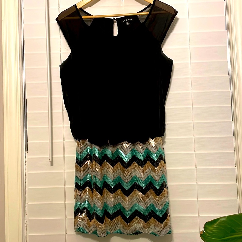 Party mini dress with sequins skirt. Size L.